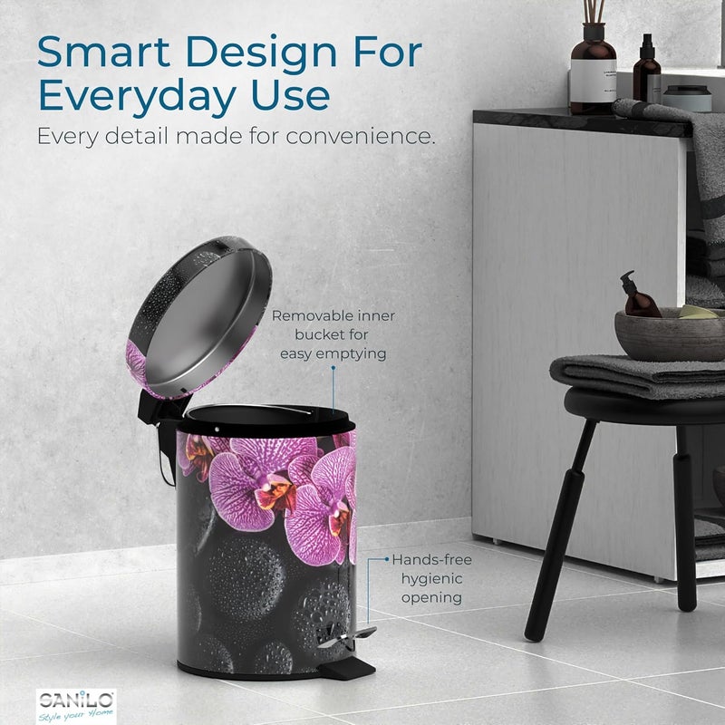 Sanilo Small Bathroom Trash Can with Lid [1.3 Gallon] - Lidded Tiny Trashcan for Garbage - Mini Metal Bin with Soft Closing Mechanism - Bath Room Accessoire Wastebin with Inner Bucket (Madeira) - Image 4